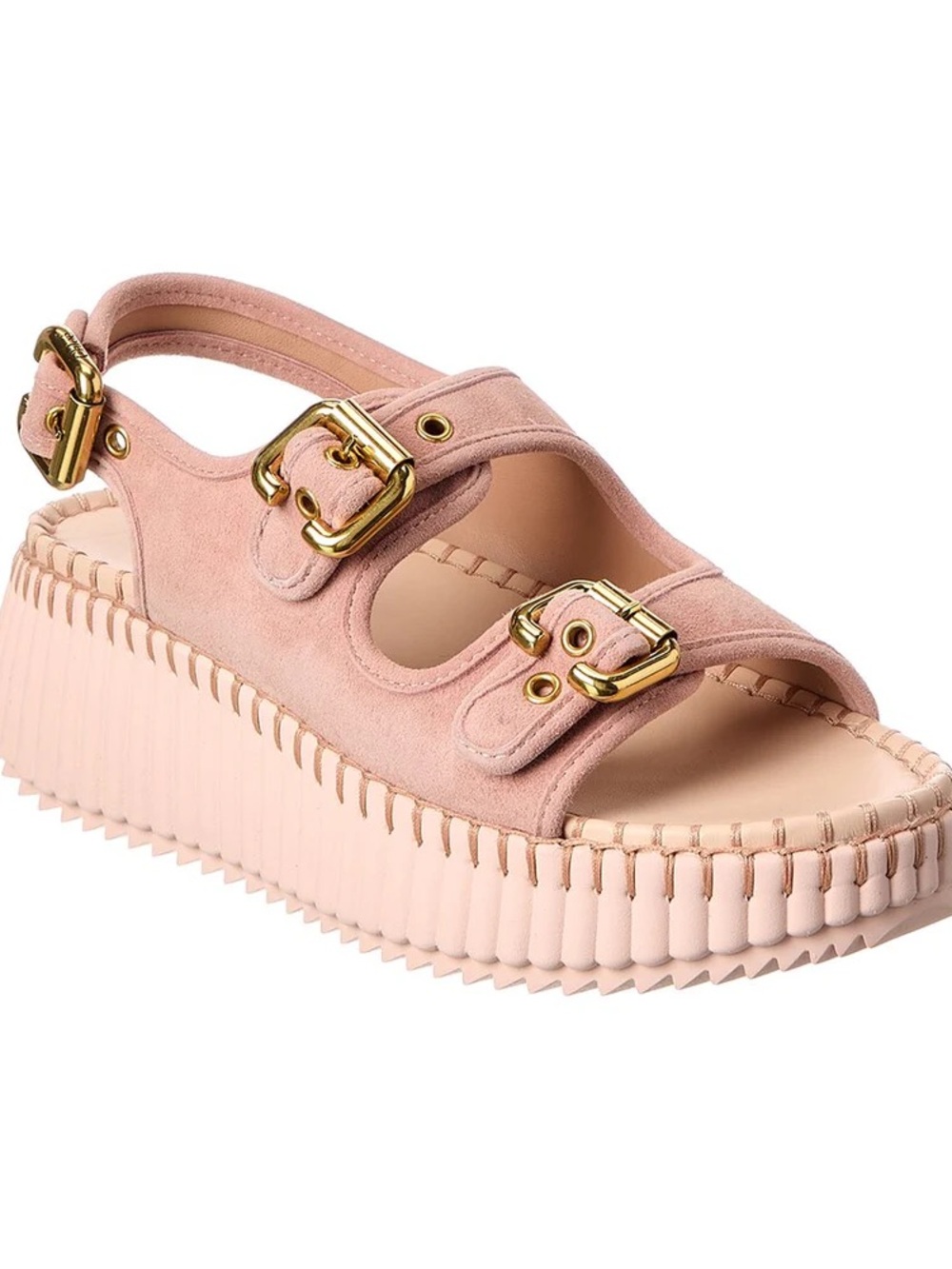 Chloe Pink Suede Platform Sandal with Gold Buckles